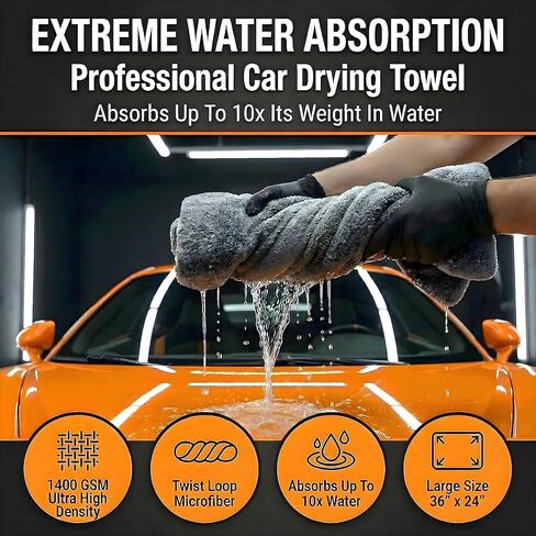 Car Drying Towel Extra Large 36" x 24" 1400 GSM Twisted Loop Microfibre - Charcoal Drying Towel Car Detailing, Double-Sided Edgeless Design, Super Absorbent, Durable Machine Washable and Lint-Free in Kuwait