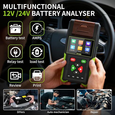BT500 12V 24V Car Battery Tester, 100-2000 CCA Automotive Battery Load Tester, Digital Battery Analyzer with Built-in Printer for Cranking Charging System Test, for Cars Trucks Motorcycles Boats in Kuwait