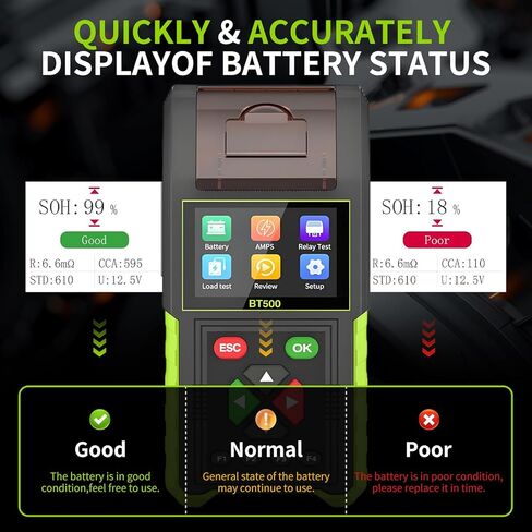 BT500 12V 24V Car Battery Tester, 100-2000 CCA Automotive Battery Load Tester, Digital Battery Analyzer with Built-in Printer for Cranking Charging System Test, for Cars Trucks Motorcycles Boats in Kuwait