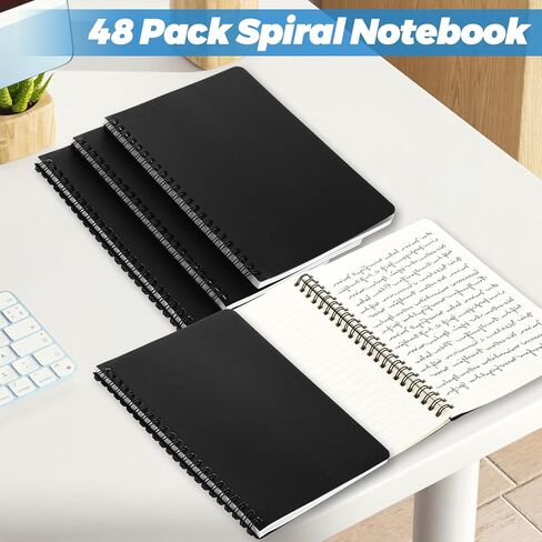 LISHINE 48 حزمة دفتر ملاحظات حلزوني A5، 120 صفحة/600 ورقة، 8.1 بوصة × 5.7 بوصة دفتر يوميات حلزوني أسود بغلاف مقوى صغير مسطر دفتر ملاحظات حلزوني للعمل والكتابة واللوازم المدرسية in Kuwait