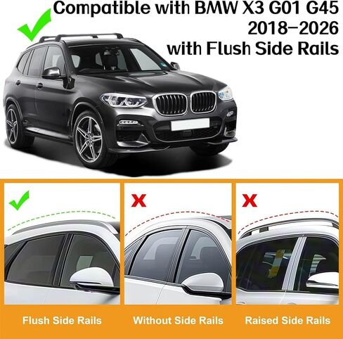 حامل سقف قضيب متقاطع SYDSZ مناسب لسيارات BMW X3 G01 2018 2019 2020 2021 2022 2023 2024 2025، قضبان جانبية متدفقة، قضبان متقاطعة من الألومنيوم عالي التحمل على السطح، رف تزلج لسقف السيارة in Kuwait
