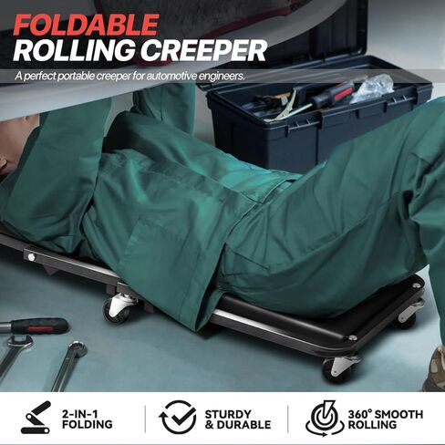 زاحف قابل للطي، 2 في 1 Rolling Garage Z Creeper Car & Seat، 36 بوصة ميكانيكا دوارة أسفل كرسي السيارة، سعة وزن 330 رطل شديدة التحمل، أسود in Kuwait