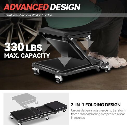 زاحف قابل للطي، 2 في 1 Rolling Garage Z Creeper Car & Seat، 36 بوصة ميكانيكا دوارة أسفل كرسي السيارة، سعة وزن 330 رطل شديدة التحمل، أسود in Kuwait