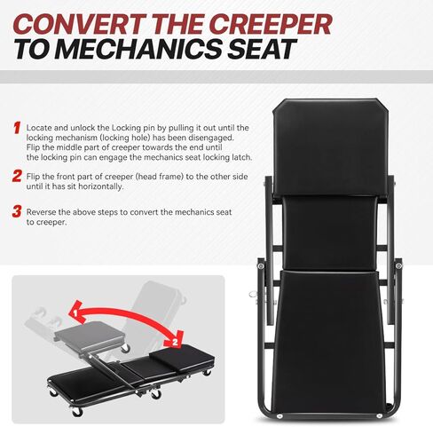 زاحف قابل للطي، 2 في 1 Rolling Garage Z Creeper Car & Seat، 36 بوصة ميكانيكا دوارة أسفل كرسي السيارة، سعة وزن 330 رطل شديدة التحمل، أسود in Kuwait