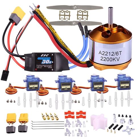 طقم طائرة RC DIY A2212 KV1000 محرك بدون فرشاة مع 30A ESC، 4 SG90 Servo، 2 مروحة متطابقة، قابس XT60، سلك Z، حامل المحرك، قرن الدفة وموصلات لطائرة RC ذات الجناح الثابت (1000KV) in Kuwait