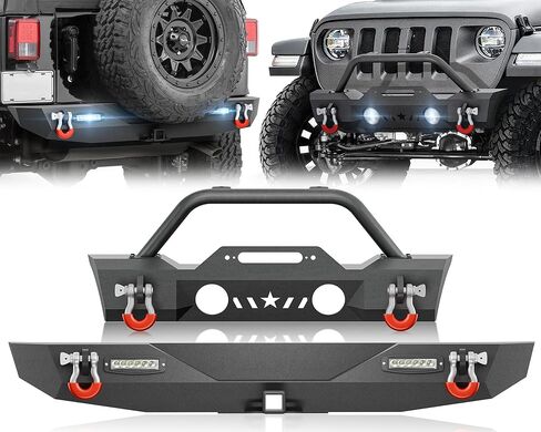 YZONA for Wrangler JK JL & Gladiator JT المصد الأمامي متوافق مع 2007-2026 Jeep Wrangler JK JL JKU JLU Unlimited & Gladiator JT 2/4 أبواب مع لوحة ونش، شريط الثور، حلقات على شكل حرف D، فتحات إضاءة الضباب OE in Kuwait