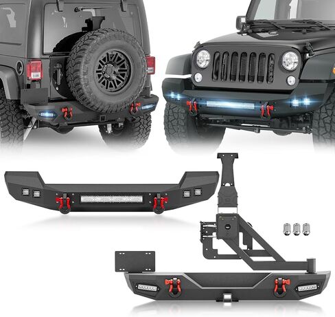 YZONA لمصدات JL الأمامية والخلفية متوافقة مع 2018-2026 Jeep Wrangler JL JLU Unlimited (2/4 أبواب) مع لوحة ونش، ودعامة لوحة الترخيص، ومستقبل وصلة 2 بوصة، ومصابيح LED، وفتحات مصابيح الضباب وحلقات على شكل حرف D in Kuwait