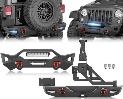 YZONA لمصدات Wrangler JL الأمامية والخلفية متوافقة مع 2018-2026 Jeep Wrangler JL JLU مع لوحة ونش، درع قابل للطلاء، مصابيح LED، فتحات إضاءة الضباب، إطار لوحة الترخيص، مستقبل وصلة الجر وحلقات على شكل حرف D in Kuwait