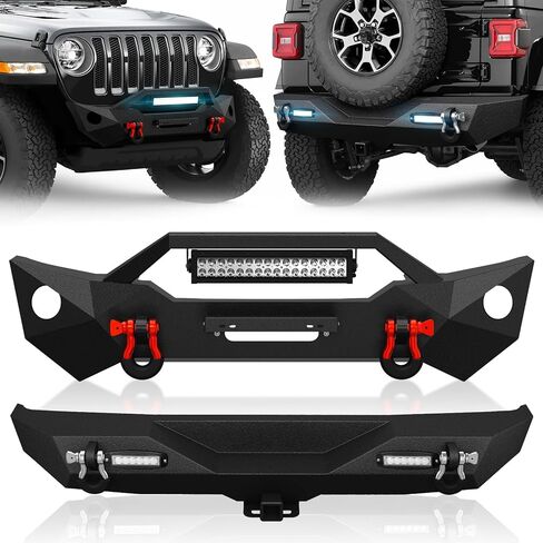 YZONA لمصدات Wrangler JL الأمامية والخلفية متوافقة مع 2018-2026 Jeep Wrangler JL JLU مع لوحة ونش، درع قابل للطلاء، مصابيح LED، فتحات إضاءة الضباب، إطار لوحة الترخيص، مستقبل وصلة الجر وحلقات على شكل حرف D in Kuwait