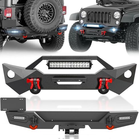 YZONA لمصدات Wrangler JL الأمامية والخلفية متوافقة مع 2018-2026 Jeep Wrangler JL JLU مع لوحة ونش، درع قابل للطلاء، مصابيح LED، فتحات إضاءة الضباب، إطار لوحة الترخيص، مستقبل وصلة الجر وحلقات على شكل حرف D in Kuwait