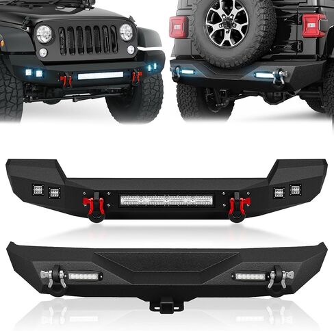 YZONA لمصدات Wrangler JL الأمامية والخلفية متوافقة مع 2018-2026 Jeep Wrangler JL JLU مع لوحة ونش، درع قابل للطلاء، مصابيح LED، فتحات إضاءة الضباب، إطار لوحة الترخيص، مستقبل وصلة الجر وحلقات على شكل حرف D in Kuwait