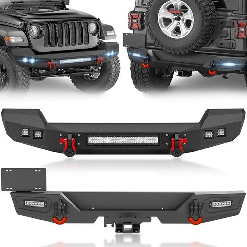 YZONA لمصدات Wrangler JL الأمامية والخلفية متوافقة مع 2018-2026 Jeep Wrangler JL JLU مع لوحة ونش، درع قابل للطلاء، مصابيح LED، فتحات إضاءة الضباب، إطار لوحة الترخيص، مستقبل وصلة الجر وحلقات على شكل حرف D in Kuwait