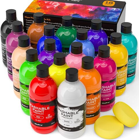 Nicpro 18 Colors Large Washable Paint Set for Kid (8.45oz), Acrylic Bulk Paint Supplies Non Toxic Tempera Paint for Art, Craft DIY, Poster & Finger Paint, School, Home, Teacher Classroom Must Haves in Kuwait