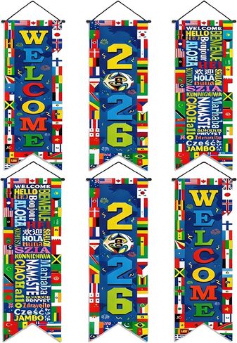 6 Pcs World Banner Socce Tournament Decorations, 2026 Welcome International Porch Soccer Party Decorations, Flags Decor for Soccer Sport Events, Sports Club, Bar Classroom Wall Door in Kuwait