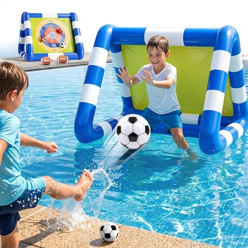 Funscape Kids Soccer Pool Toy، 2 في 1 قابل للنفخ لهدف كرة القدم وكرة إرم المياه، لعبة كرة قدم للأطفال في الهواء الطلق في الفناء الخلفي، هدية لحفلات حمام السباحة الصيفية 3 4 5 6 7 8 10 12 عامًا صبي فتاة في سن المراهقة in Kuwait