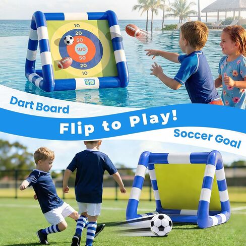 Funscape Kids Soccer Pool Toy، 2 في 1 قابل للنفخ لهدف كرة القدم وكرة إرم المياه، لعبة كرة قدم للأطفال في الهواء الطلق في الفناء الخلفي، هدية لحفلات حمام السباحة الصيفية 3 4 5 6 7 8 10 12 عامًا صبي فتاة في سن المراهقة in Kuwait