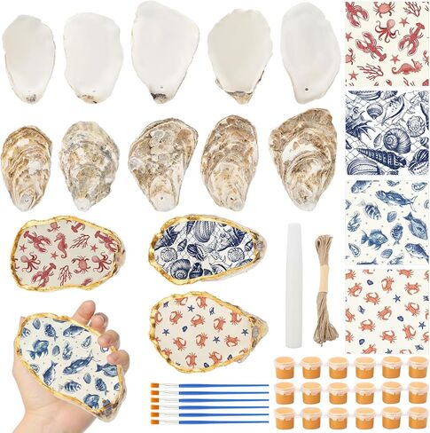 ForraFun 16 Set Beach Oyster Shells for Crafts 4-5 Inch Large Seashells with Holes for Crafting Summer Flat Oyster Shell Kits with Decoupage Napkins Glue Paints Twine Brushs in Kuwait