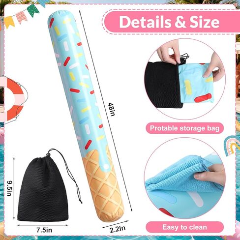 Seenelling 4 Pack Ice Cream Inflatable Pool Noodle Floats 4 Pack 48" Large Swimming Floats with 2 Portable Storage Bag for Summer Ice Cream Swimming Pool Party Supplies in Kuwait