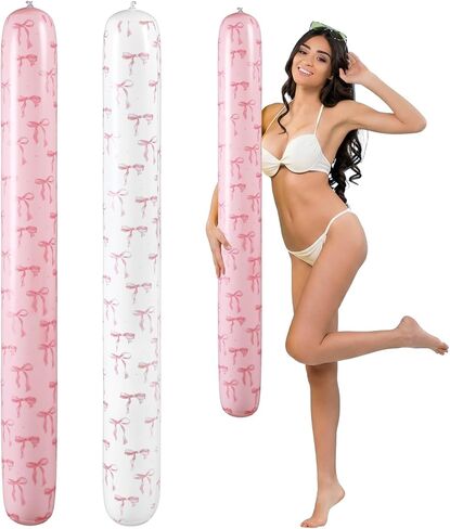 Soulchen 2 Pcs Pink Bow Inflatable Pool Noodle 41.3 Inch Large Blow up Pool Sticks Swimming Noodles Cute Water Floats for Adults Summer Swimming Sports Beaches Lake Outdoor Tropical Hawaii Party Decor in Kuwait