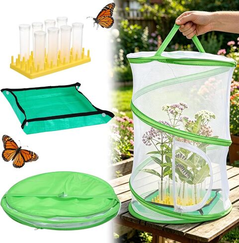 Complete Butterfly Habitat Kit - 14" W x 20" H Large Collapsible Mesh Growing Cage & Hydroponic Feeding Tubes/Rack Holder & Messproof Mat & Guide, Easy to Set Up, Monarch Caterpillars Enclosure House in Kuwait
