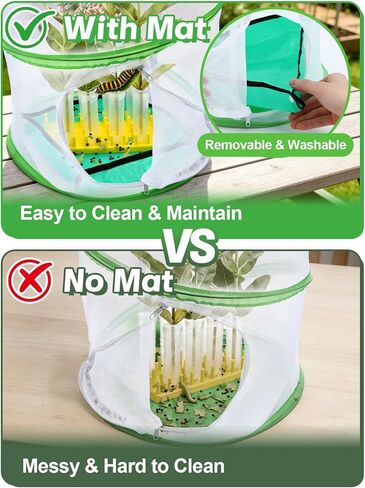 Complete Butterfly Habitat Kit - 14" W x 20" H Large Collapsible Mesh Growing Cage & Hydroponic Feeding Tubes/Rack Holder & Messproof Mat & Guide, Easy to Set Up, Monarch Caterpillars Enclosure House in Kuwait