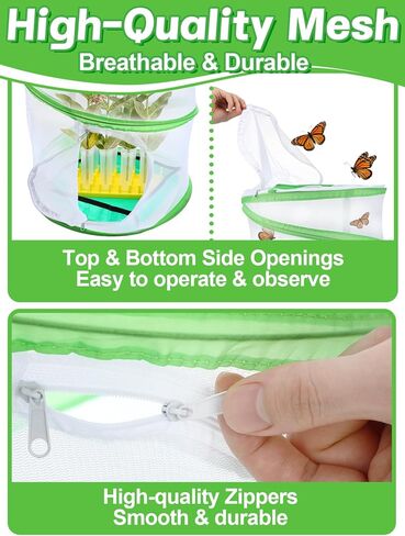 Complete Butterfly Habitat Kit - 14" W x 20" H Large Collapsible Mesh Growing Cage & Hydroponic Feeding Tubes/Rack Holder & Messproof Mat & Guide, Easy to Set Up, Monarch Caterpillars Enclosure House in Kuwait