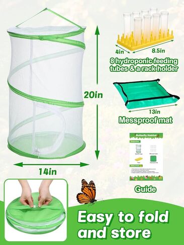 Complete Butterfly Habitat Kit - 14" W x 20" H Large Collapsible Mesh Growing Cage & Hydroponic Feeding Tubes/Rack Holder & Messproof Mat & Guide, Easy to Set Up, Monarch Caterpillars Enclosure House in Kuwait