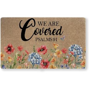 We are Covered Door Mat 30x17 Inch, Psalms 91 Faux Coir Doormat, Non-Slip Indoor Outdoor Entryway Rug, Floral Christian Porch Mat for Home Patio Gift in Kuwait