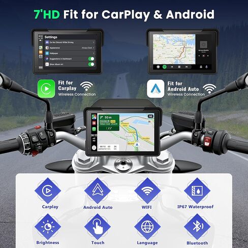 نظام ملاحة GPS Carplay للدراجات النارية مقاس 7 بوصات مقاوم للماء للدراجات النارية مع CarPlay اللاسلكي وشاشة Android التلقائية مع تسجيل متكرر / BSD / بلوتوث 4.0 / GPS / التحكم عن بعد / TMPS / قوس in Kuwait