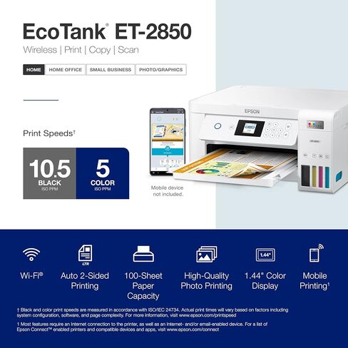 طابعة Epson EcoTank ET-2850 اللاسلكية الملونة الكل في واحد Supertank Inkjet، أبيض - طباعة نسخة مسح ضوئي - 10 صفحات في الدقيقة، 4800 × 1200 نقطة في البوصة، طباعة تلقائية على الوجهين، تنشيط صوتي in Kuwait