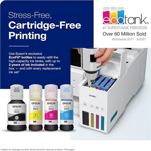 طابعة Epson EcoTank ET-2850 اللاسلكية الملونة الكل في واحد Supertank Inkjet، أبيض - طباعة نسخة مسح ضوئي - 10 صفحات في الدقيقة، 4800 × 1200 نقطة في البوصة، طباعة تلقائية على الوجهين، تنشيط صوتي in Kuwait