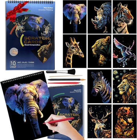 كتاب فن خدش الحيوان للكبار | مقاس A4 (29.7 × 21.2 سم) مجموعة 10 ورقات للخدش والرسم بألوان قوس قزح، هدية إبداعية ذاتية الصنع (حيوان ملون) in Kuwait