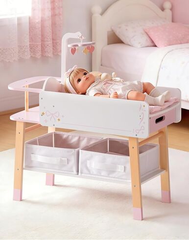ROBOTIME 18 Inch Doll Changing Table, Wooden Baby Doll Bed with Storage Bins & Drawer, Pink Doll Nursery Furniture for 18 Inch Dolls, Baby Doll Furniture for Pretend Play in Kuwait