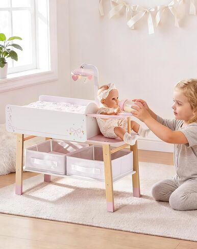 ROBOTIME 18 Inch Doll Changing Table, Wooden Baby Doll Bed with Storage Bins & Drawer, Pink Doll Nursery Furniture for 18 Inch Dolls, Baby Doll Furniture for Pretend Play in Kuwait