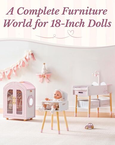 ROBOTIME 18 Inch Doll Changing Table, Wooden Baby Doll Bed with Storage Bins & Drawer, Pink Doll Nursery Furniture for 18 Inch Dolls, Baby Doll Furniture for Pretend Play in Kuwait