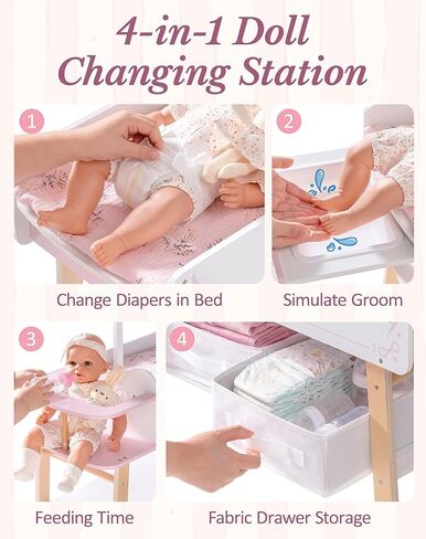 ROBOTIME 18 Inch Doll Changing Table, Wooden Baby Doll Bed with Storage Bins & Drawer, Pink Doll Nursery Furniture for 18 Inch Dolls, Baby Doll Furniture for Pretend Play in Kuwait