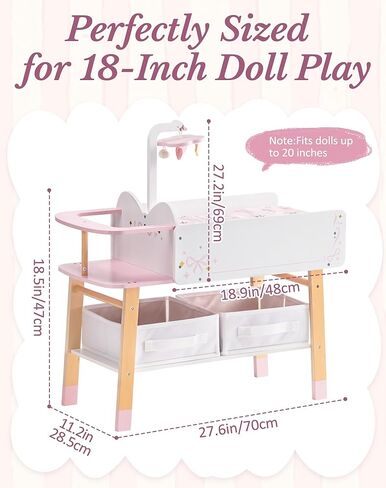 ROBOTIME 18 Inch Doll Changing Table, Wooden Baby Doll Bed with Storage Bins & Drawer, Pink Doll Nursery Furniture for 18 Inch Dolls, Baby Doll Furniture for Pretend Play in Kuwait