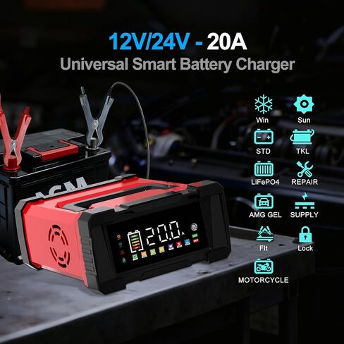 Battery Charger 20-Amp 12V/24V Smart Trickle Charger for Car - Battery Maintainer Trickle Charger, and Car Battery Charger Heavy Duty with Temperature Compensation for Automotive Truck Motorcycle in Kuwait