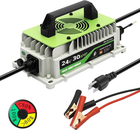 24V Lithium Battery Charger 30A LiFePO4 Charger 24 Volt Battery Charger for Forklift RV Boat Trolling Motor Solar System 1000W IP65 Waterproof with Cooling Fan Alligator Clips in Kuwait