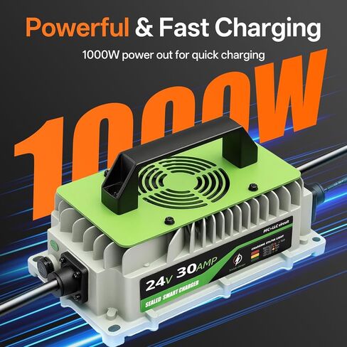24V Lithium Battery Charger 30A LiFePO4 Charger 24 Volt Battery Charger for Forklift RV Boat Trolling Motor Solar System 1000W IP65 Waterproof with Cooling Fan Alligator Clips in Kuwait