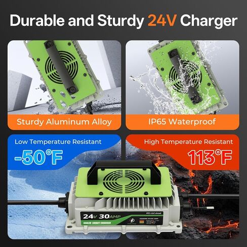 24V Lithium Battery Charger 30A LiFePO4 Charger 24 Volt Battery Charger for Forklift RV Boat Trolling Motor Solar System 1000W IP65 Waterproof with Cooling Fan Alligator Clips in Kuwait