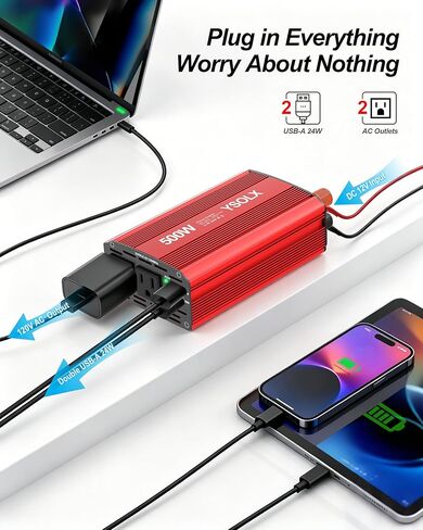 YSOLX 600W عاكس الطاقة 12V إلى 110V، DC إلى AC Car Inverter مع 65W USB-C/USB-شحن سريع (24W)/منفذ تيار متردد مزدوج، محول شاحن سيارة سريع للهاتف/الكمبيوتر المحمول/رحلة الطريق/التخييم (محدث) in Saudi Arabia