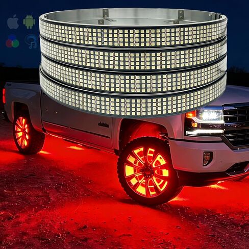 Surper Bright New 17in RGBW 4 أضواء عجلة الصف للشاحنة، APP RF 4-Zone Control، كثافة عالية 2592 LEDs RGB+White Wheel Ring Light، وظيفة الفرامل والمجاملة، أضواء إطارات حافة السيارة الديناميكية لمزامنة الموسيقى in Kuwait
