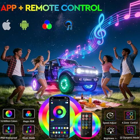 Surper Bright New 17in RGBW 4 أضواء عجلة الصف للشاحنة، APP RF 4-Zone Control، كثافة عالية 2592 LEDs RGB+White Wheel Ring Light، وظيفة الفرامل والمجاملة، أضواء إطارات حافة السيارة الديناميكية لمزامنة الموسيقى in Kuwait