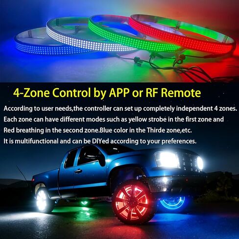 Surper Bright New 17in RGBW 4 أضواء عجلة الصف للشاحنة، APP RF 4-Zone Control، كثافة عالية 2592 LEDs RGB+White Wheel Ring Light، وظيفة الفرامل والمجاملة، أضواء إطارات حافة السيارة الديناميكية لمزامنة الموسيقى in Kuwait