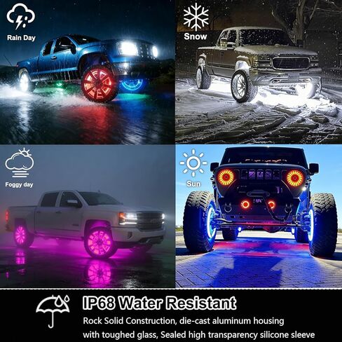 Surper Bright New 17in RGBW 4 أضواء عجلة الصف للشاحنة، APP RF 4-Zone Control، كثافة عالية 2592 LEDs RGB+White Wheel Ring Light، وظيفة الفرامل والمجاملة، أضواء إطارات حافة السيارة الديناميكية لمزامنة الموسيقى in Kuwait