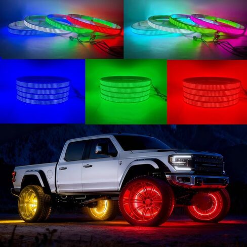 Surper Bright New 17in RGBW 4 أضواء عجلة الصف للشاحنة، APP RF 4-Zone Control، كثافة عالية 2592 LEDs RGB+White Wheel Ring Light، وظيفة الفرامل والمجاملة، أضواء إطارات حافة السيارة الديناميكية لمزامنة الموسيقى in Kuwait