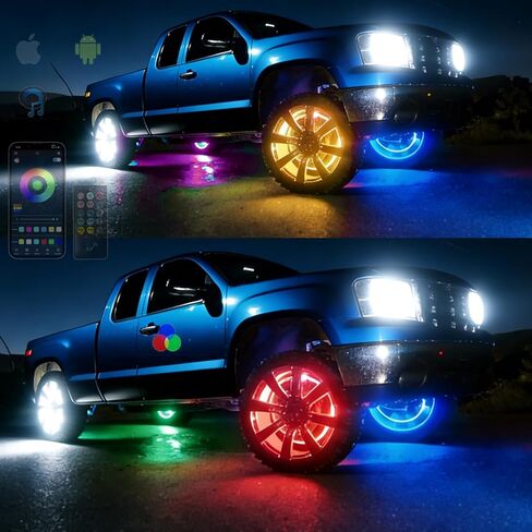 Surper Bright New 17in RGBW 4 أضواء عجلة الصف للشاحنة، APP RF 4-Zone Control، كثافة عالية 2592 LEDs RGB+White Wheel Ring Light، وظيفة الفرامل والمجاملة، أضواء إطارات حافة السيارة الديناميكية لمزامنة الموسيقى in Kuwait