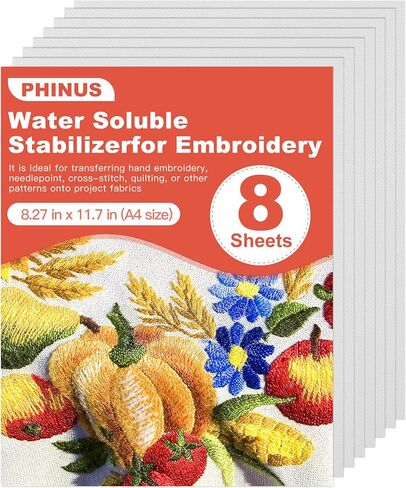 مثبت تطريز Phinus قابل للذوبان في الماء للتطريز 8P، مقاس 8.27 بوصة × 11.7 بوصة مقاس A4، ورق تطريز متوسط ​​الوزن قابل للذوبان في الماء لأنماط الطباعة أو الرسم in Kuwait