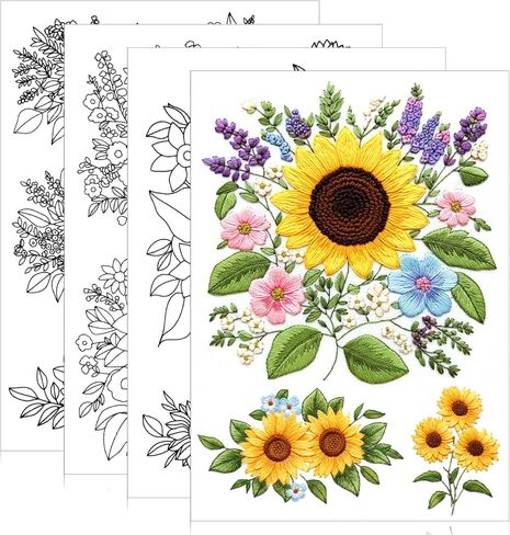 17 PCS Water Soluble Embroidery Patterns Sunflowers Bouquets Stick and Stitch Embroidery Patterns Wash Away Transfer Paper for Hand Sewing Lover Beginners in Kuwait
